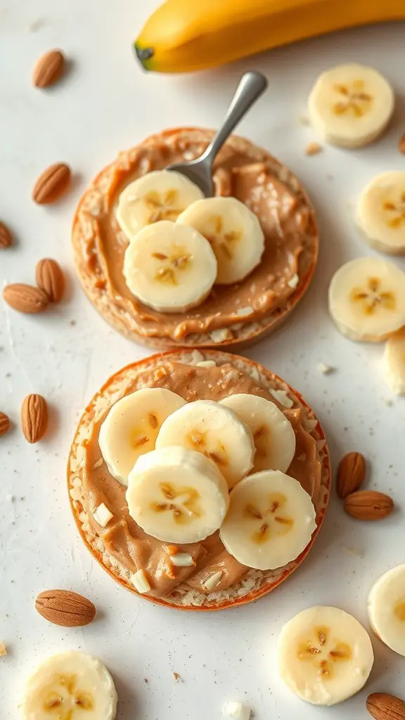 Rice cakes topped with almond butter and banana slices, surrounded by almonds.