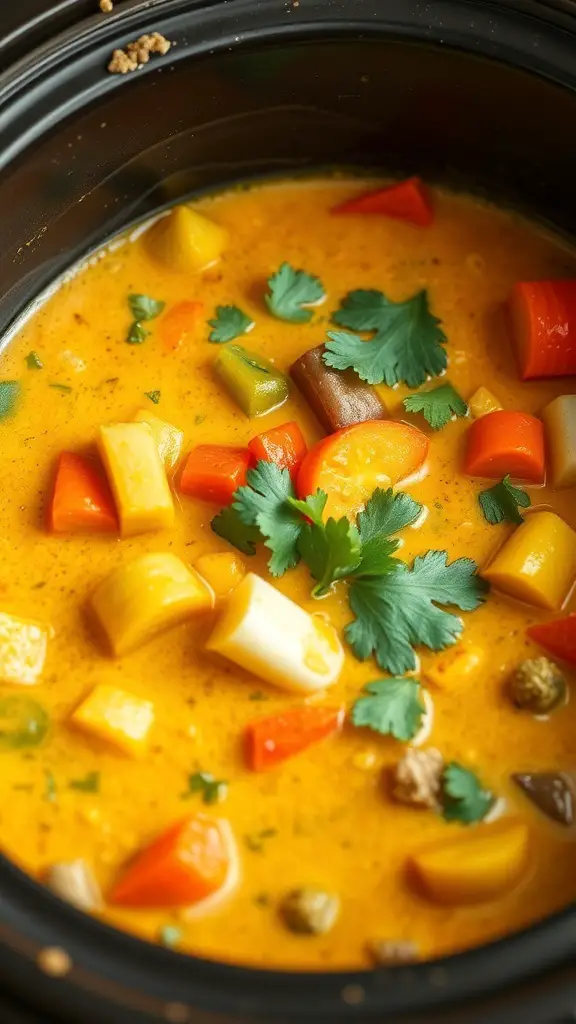 A colorful coconut curry vegetable stew in a crockpot, featuring vibrant vegetables like carrots, bell peppers, and zucchini, garnished with fresh cilantro.