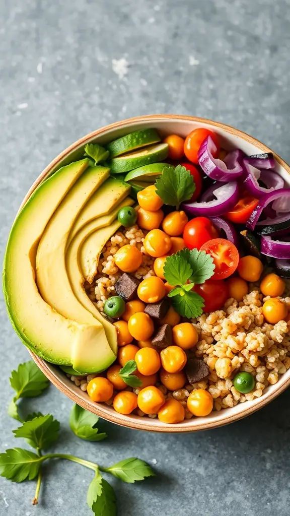 A colorful Spicy Chickpea Buddha Bowl with grains, roasted chickpeas, fresh vegetables, and avocado.