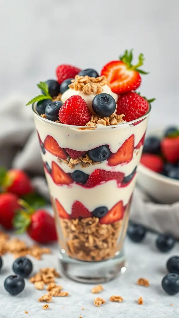 A delicious berry yogurt parfait with layers of yogurt, strawberries, blueberries, and granola.