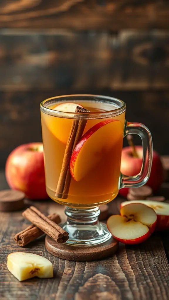 A glass of apple cider with apple slices and cinnamon sticks, surrounded by fresh apples.