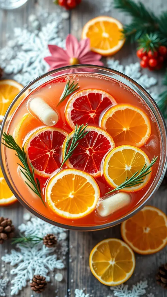 A bowl of colorful Winter Citrus Punch with orange and blood orange slices, garnished with rosemary.