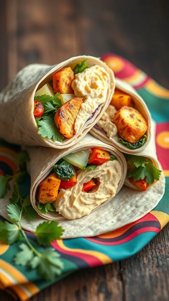 A colorful grilled vegetable and hummus wrap on a vibrant tablecloth.