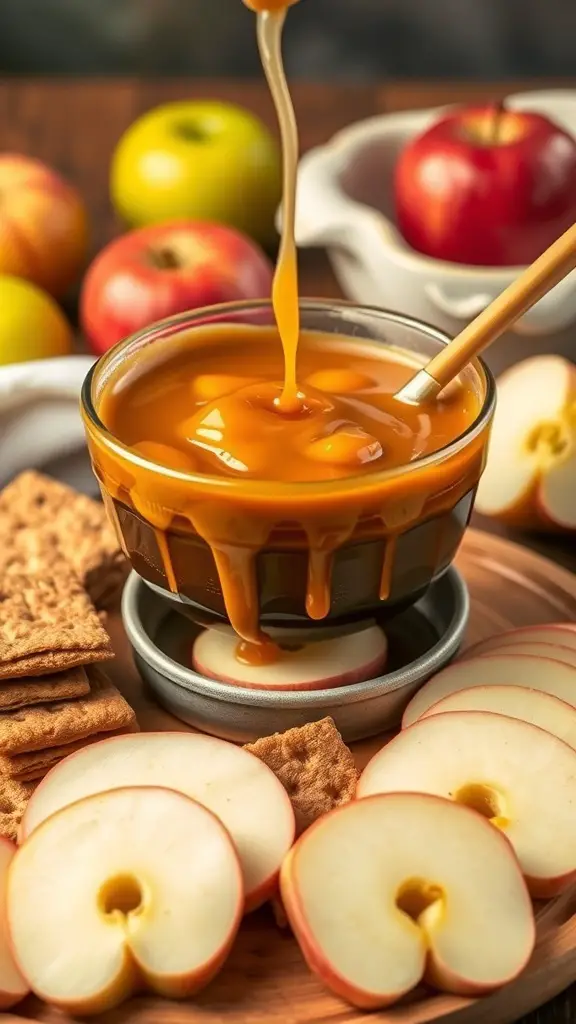 A bowl of caramel fondue with apple slices and graham crackers