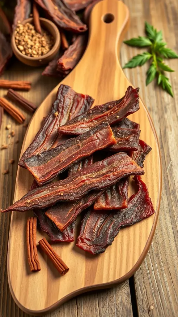 Homemade beef jerky strips on a wooden cutting board with spices and herbs