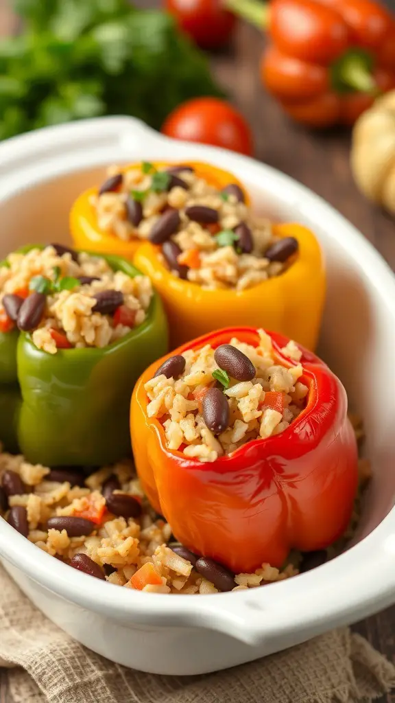 Stuffed bell peppers filled with rice and beans in a white dish