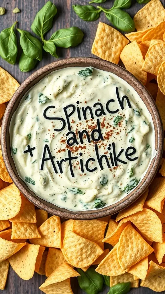 A bowl of spinach and artichoke dip surrounded by tortilla chips and fresh basil.