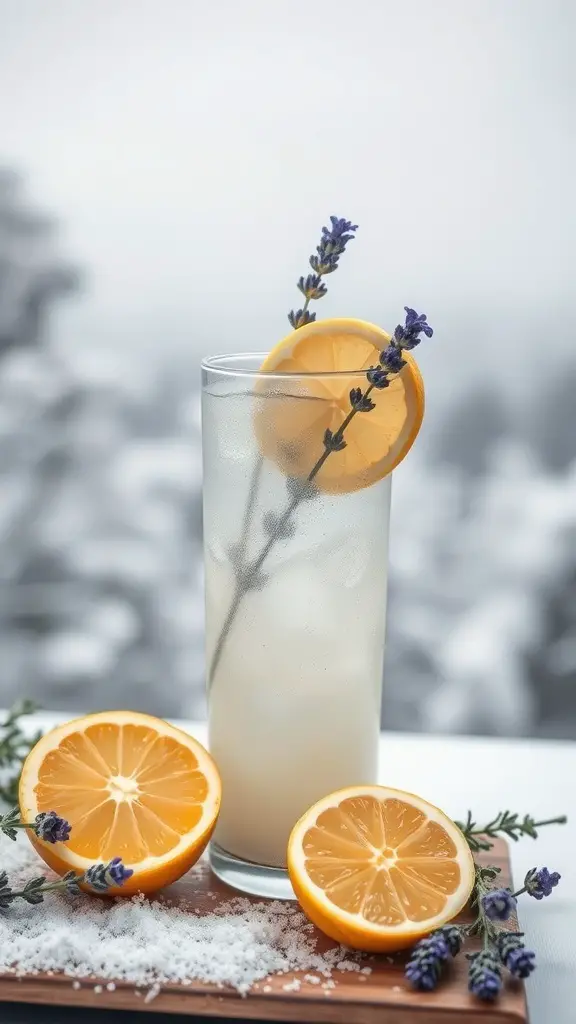 A tall glass of Lavender Lemonade Fizz with lemon slices and lavender sprigs, set against a soft, snowy background.
