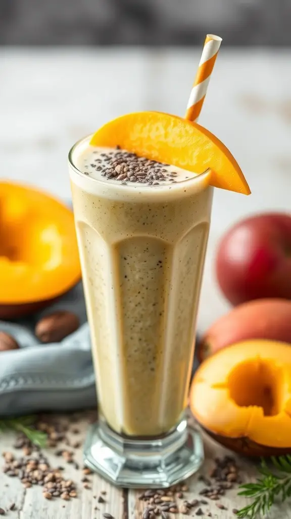 A refreshing Mango Coconut Chia Smoothie in a tall glass, topped with a slice of mango and chia seeds, surrounded by fresh mango halves and apples.