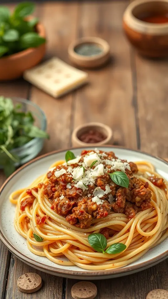 A plate of spaghetti bolognese topped with fresh herbs and cheese, with ingredients in the background.