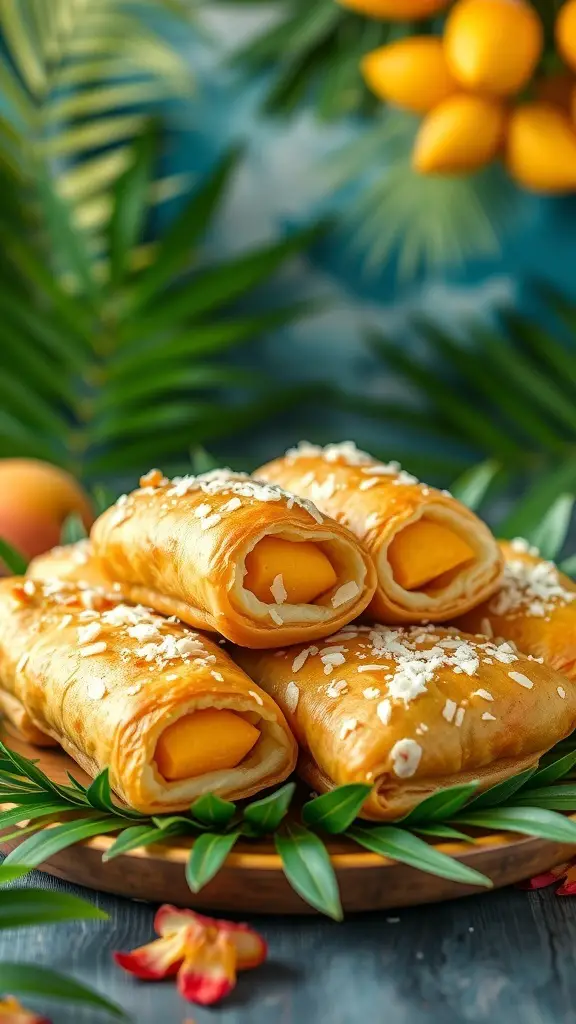 Mango Coconut Puff Pastry Rolls on a wooden platter with tropical leaves