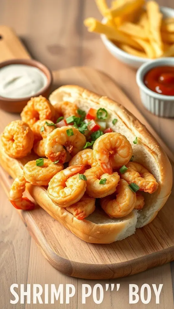 A delicious Shrimp Po' Boy sandwich with fried shrimp, fresh toppings, and fries on the side.