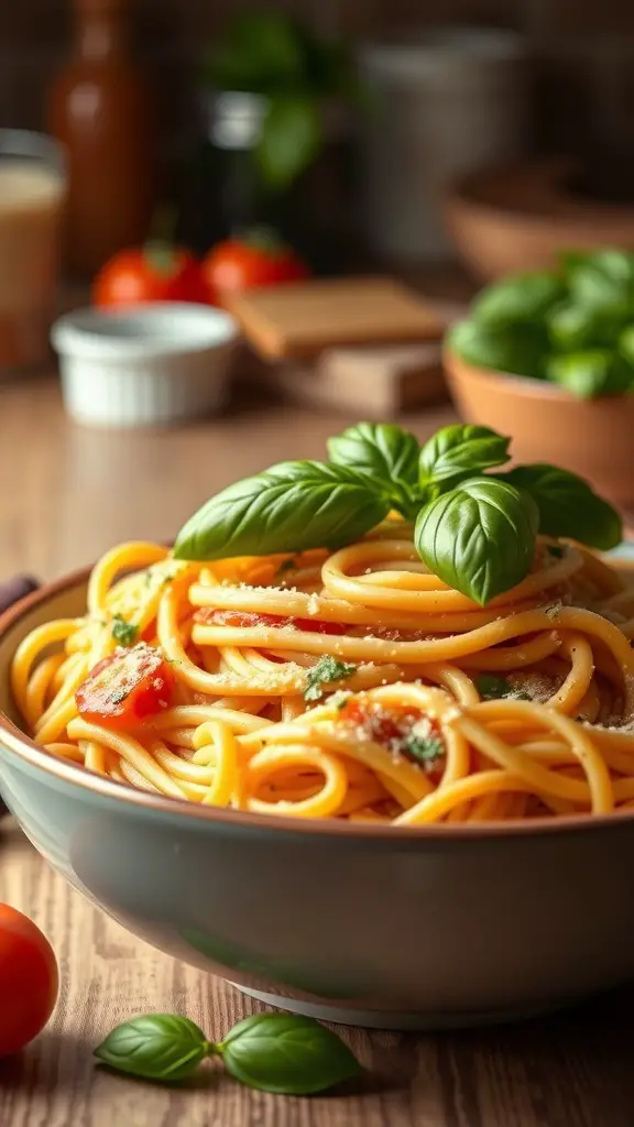A bowl of creamy tomato basil pasta garnished with fresh basil leaves, with tomatoes and basil in the background.