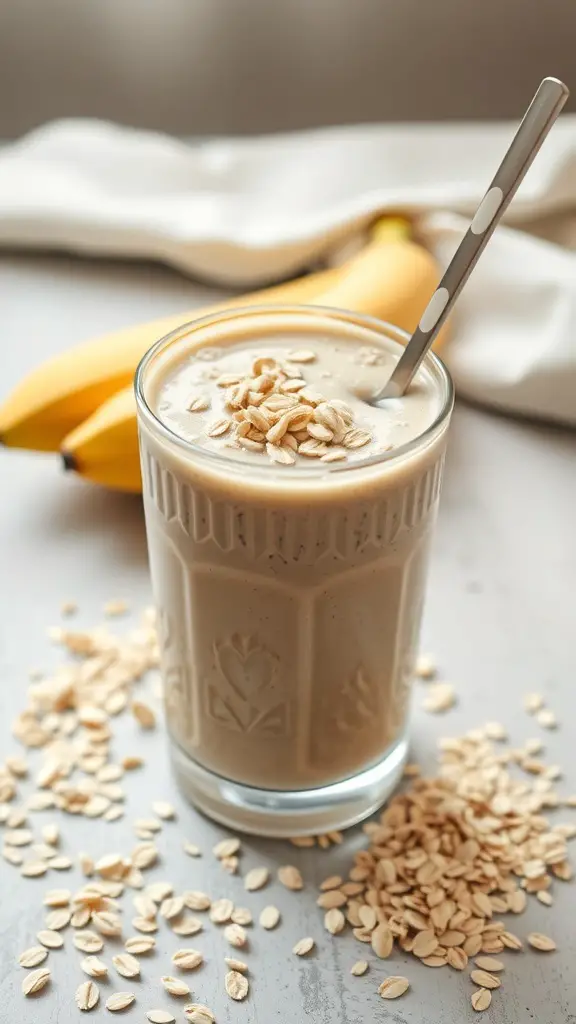 A glass of Banana Oat Breakfast Smoothie with oats sprinkled on top and bananas in the background.