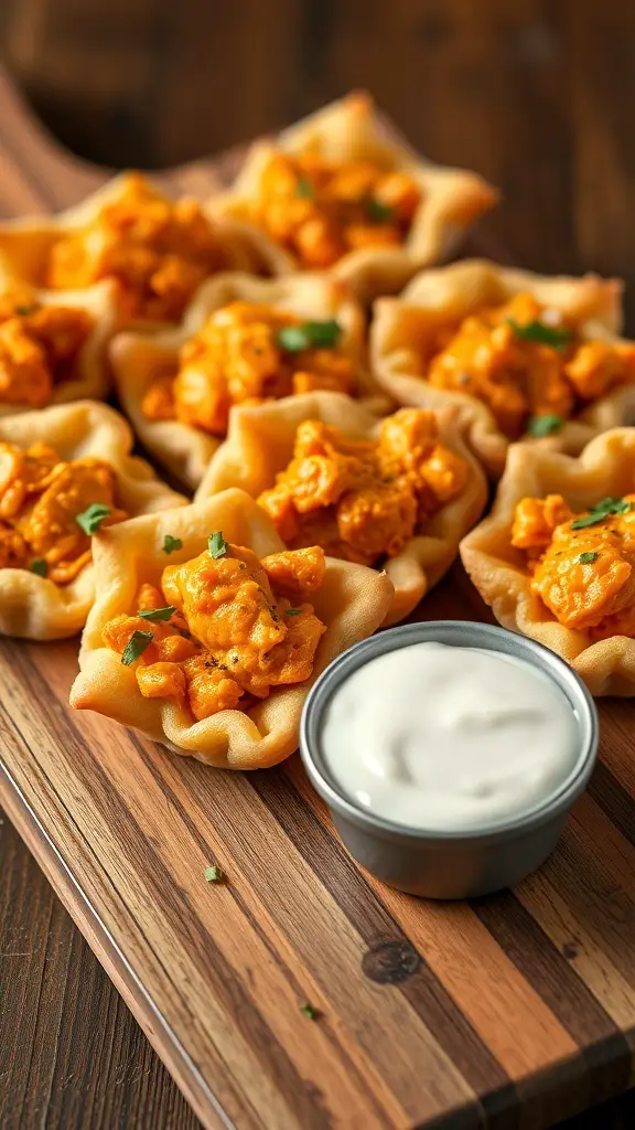 Buffalo chicken puff pastry bites on a wooden board with ranch dressing