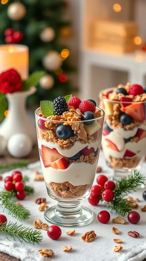 Holiday Fruit and Nut Yogurt Parfaits with berries and granola