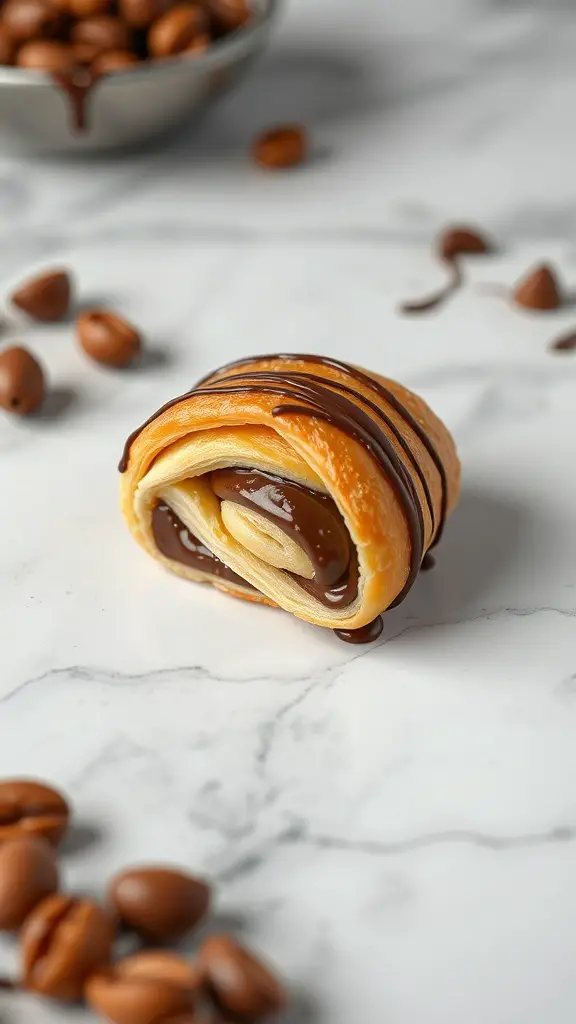 Chocolate Hazelnut Puff Pastry Twists on a marble surface