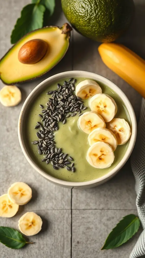 A bowl of creamy avocado and banana smoothie topped with banana slices and chia seeds, surrounded by fresh ingredients.