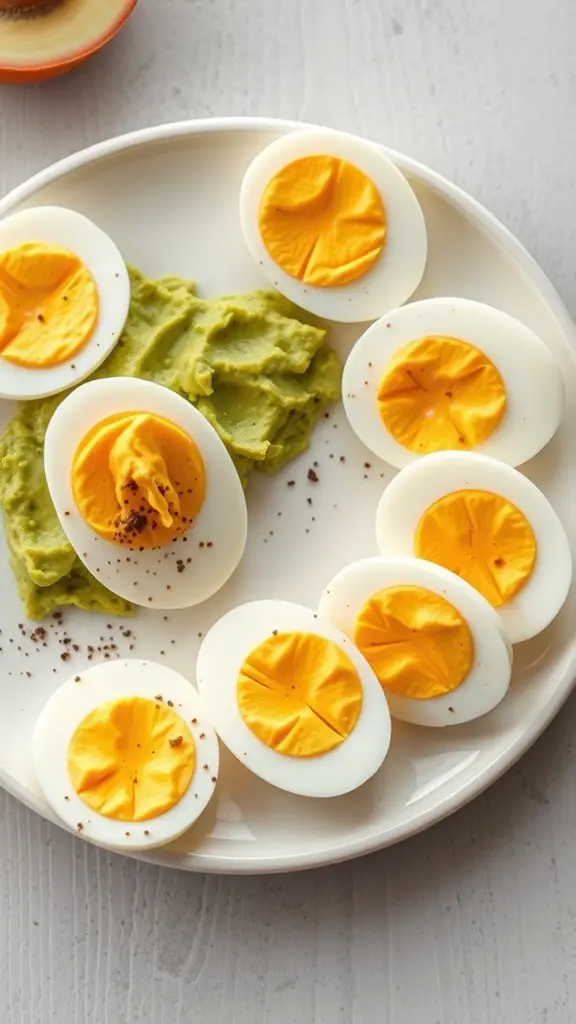 A plate of hard-boiled eggs with avocado mash, garnished with pepper.