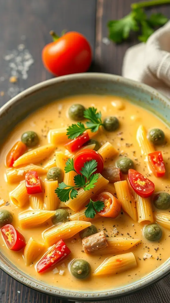 A bowl of zesty nutritional yeast cheese sauce with pasta, cherry tomatoes, and green olives, garnished with parsley.