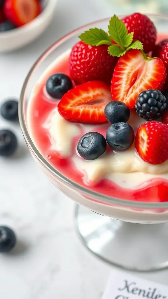 A glass of Vanilla Bean Panna Cotta topped with fresh strawberries, blueberries, and raspberries.
