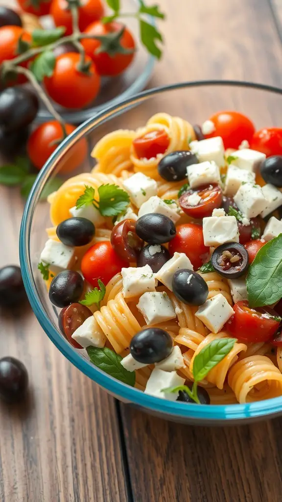 A bowl of Mediterranean Pasta Salad with rotini pasta, cherry tomatoes, black olives, and feta cheese.