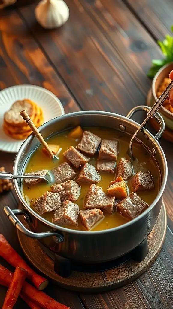 A pot of beef fondue with garlic oil and pieces of beef ready for dipping