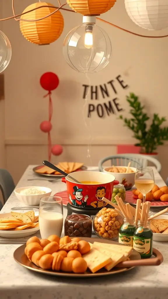 A vibrant fondue dinner party setup with a pot of melted cheese, various dippables, and colorful decorations.