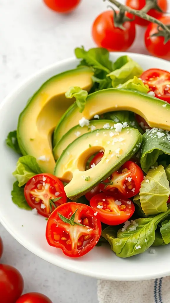 A fresh salad with avocado slices, cherry tomatoes, and greens on a white plate.