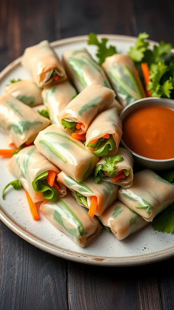 A platter of vegetable spring rolls with peanut sauce
