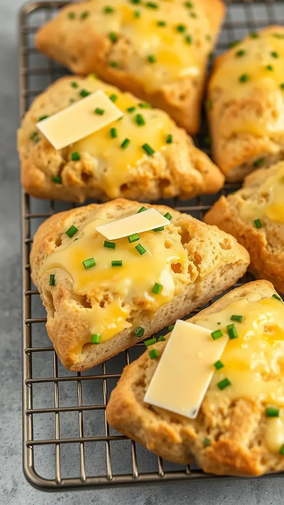 Savory scones topped with cheese and chives on a cooling rack.