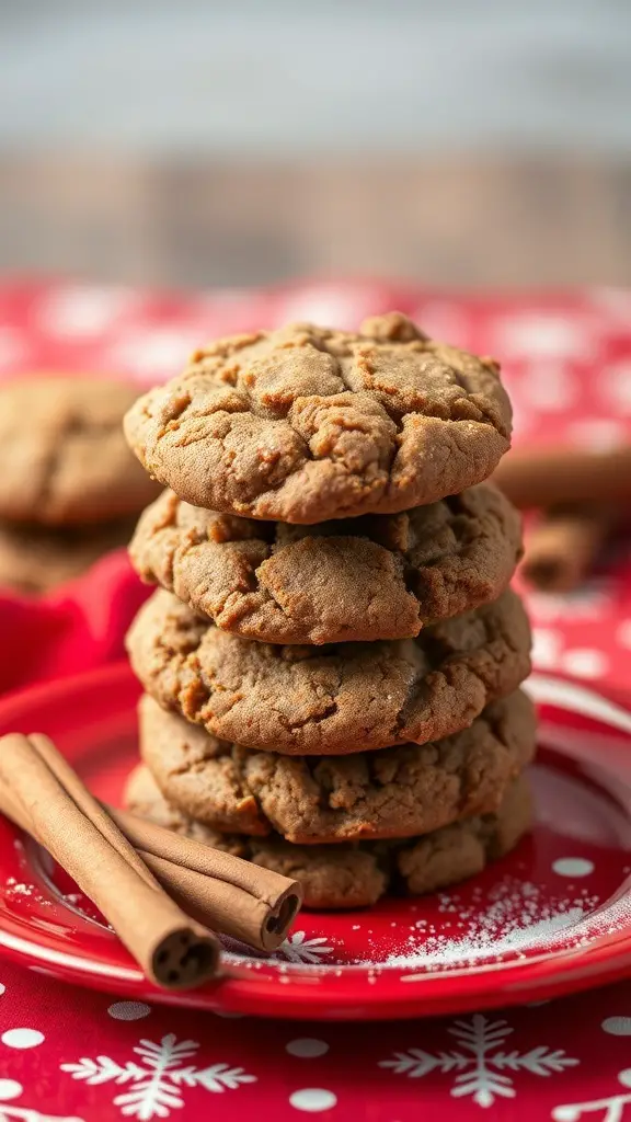 A stack of spiced molasses cookies on a red plate with cinnamon sticks, set against a festive background.