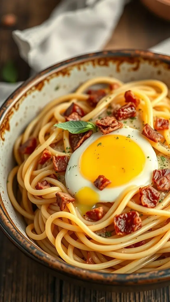 A bowl of spaghetti carbonara topped with a runny egg yolk and crispy pancetta.