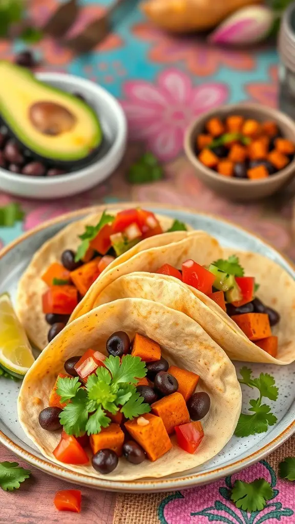 Three sweet potato and black bean tacos on a plate, garnished with cilantro and diced tomatoes.