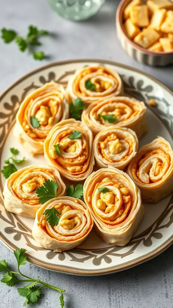 A plate of curried chicken salad pinwheels garnished with cilantro.