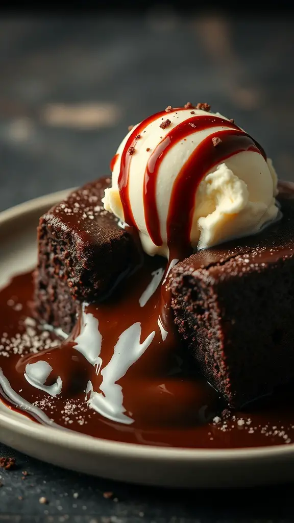 A delicious chocolate lava cake with melting chocolate and a scoop of vanilla ice cream on top.