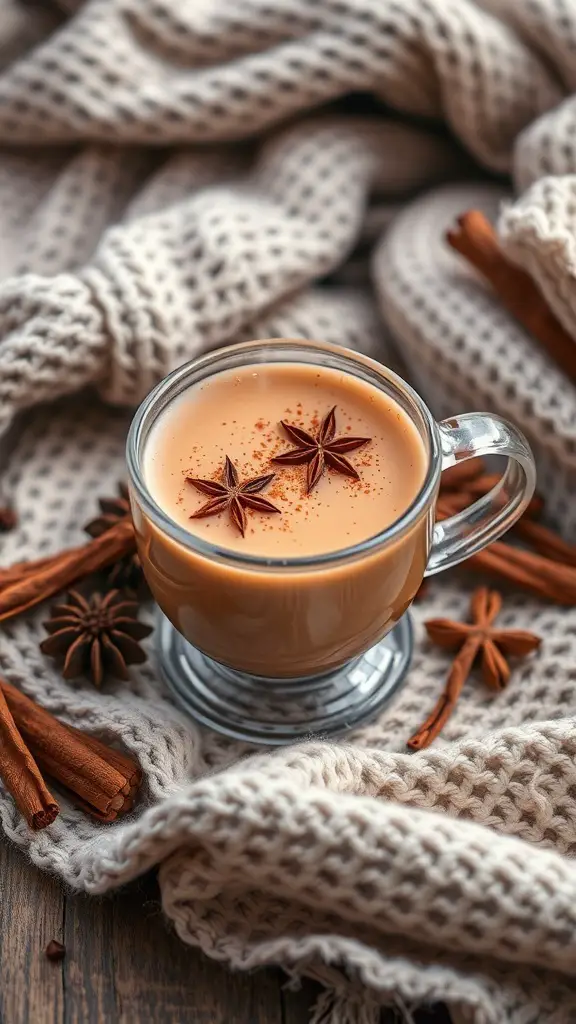 A cozy cup of vanilla chai tea with star anise on top, surrounded by cinnamon sticks and a soft blanket.