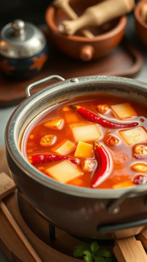A pot of spicy Asian-inspired fondue broth with red chili peppers and vegetables.