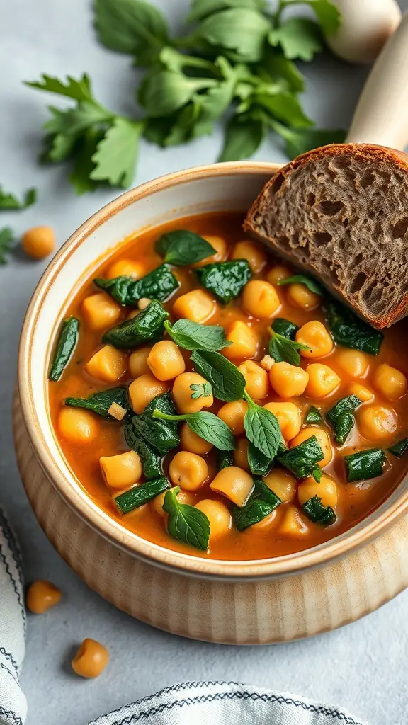 A bowl of chickpea and spinach stew with a slice of bread on the side, garnished with fresh herbs.