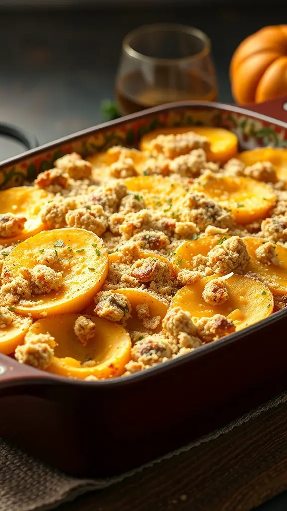 A cheesy winter squash casserole with golden slices and a crunchy topping.