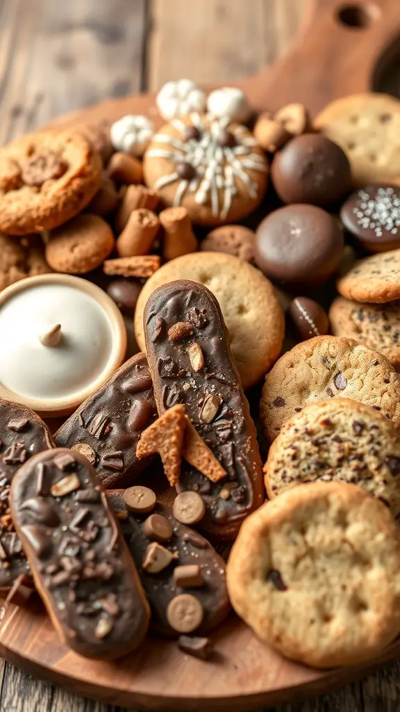 A variety of chocolate biscotti and cookies arranged on a wooden board.