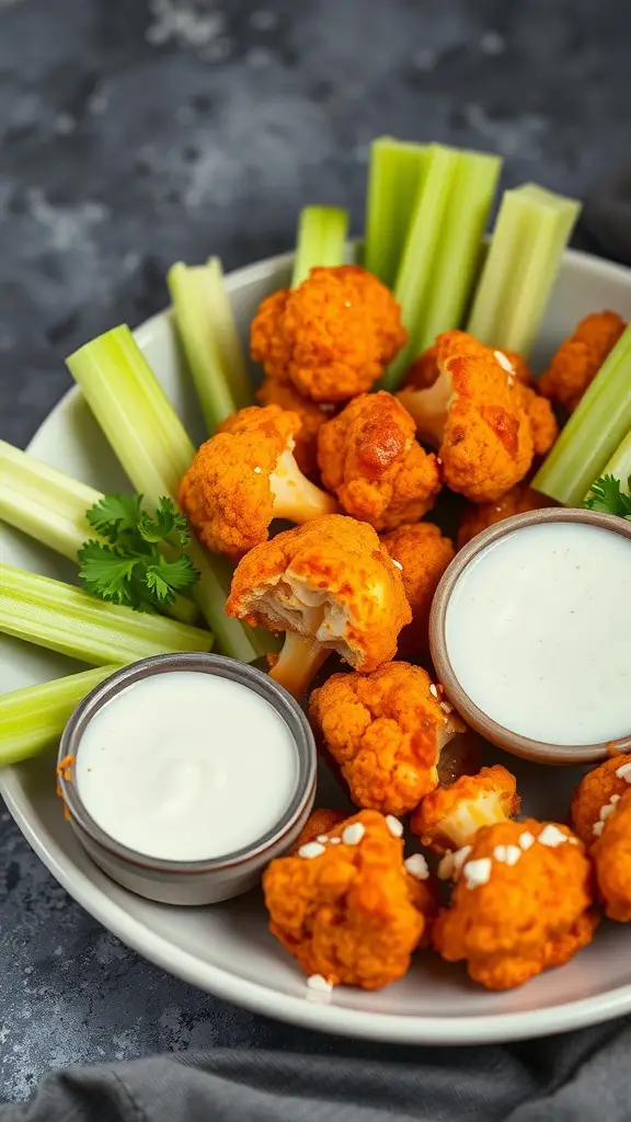 A plate of spicy buffalo cauliflower bites served with celery sticks and dipping sauces.