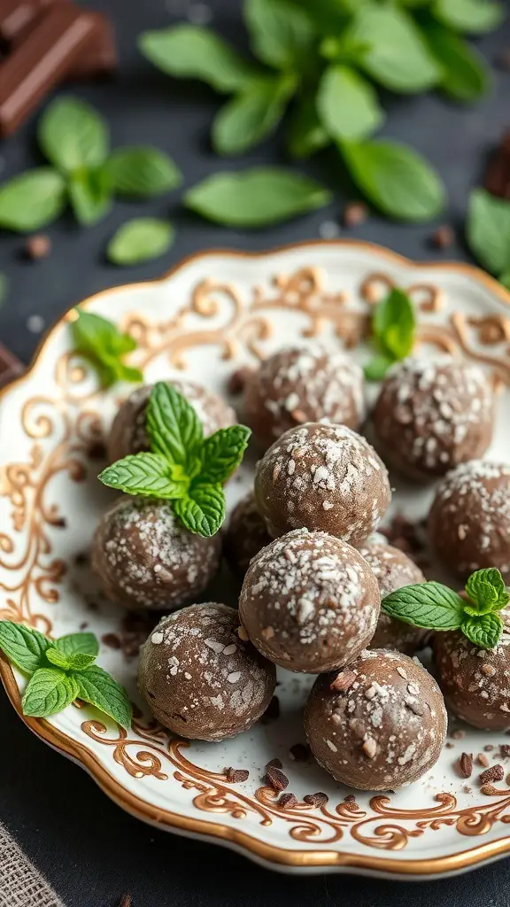 A plate of chocolate mint protein balls garnished with mint leaves