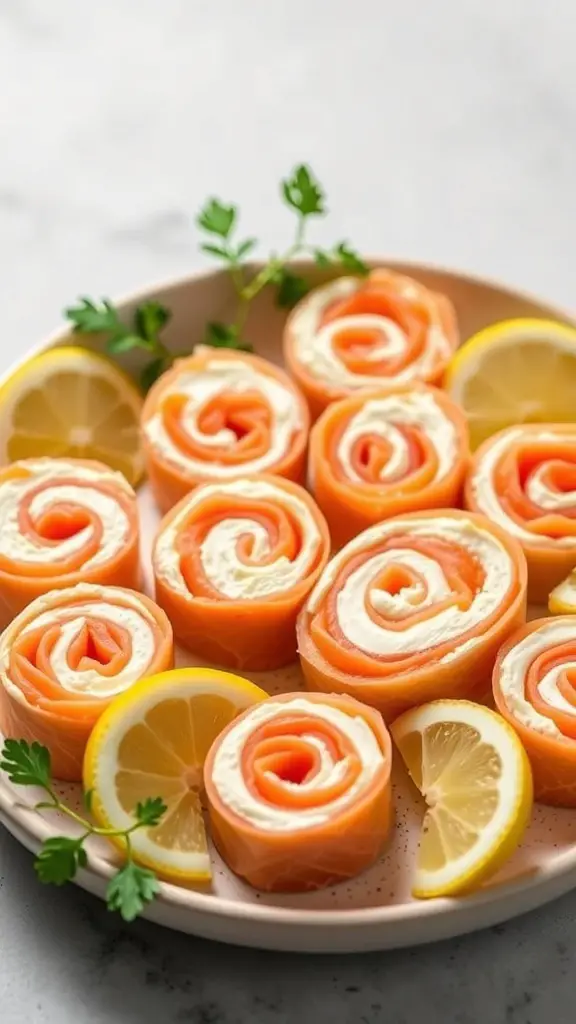 A plate of smoked salmon and cream cheese pinwheels garnished with lemon slices and parsley.