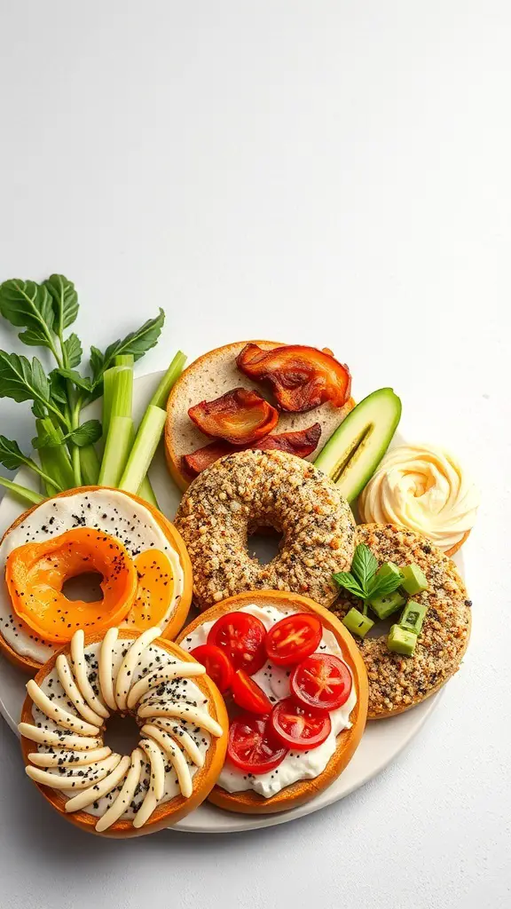 A variety of bagels topped with different ingredients, showcasing international flavors.