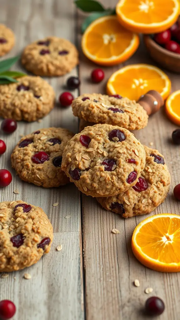 A plate of cranberry orange oatmeal cookies surrounded by fresh cranberries and orange slices.