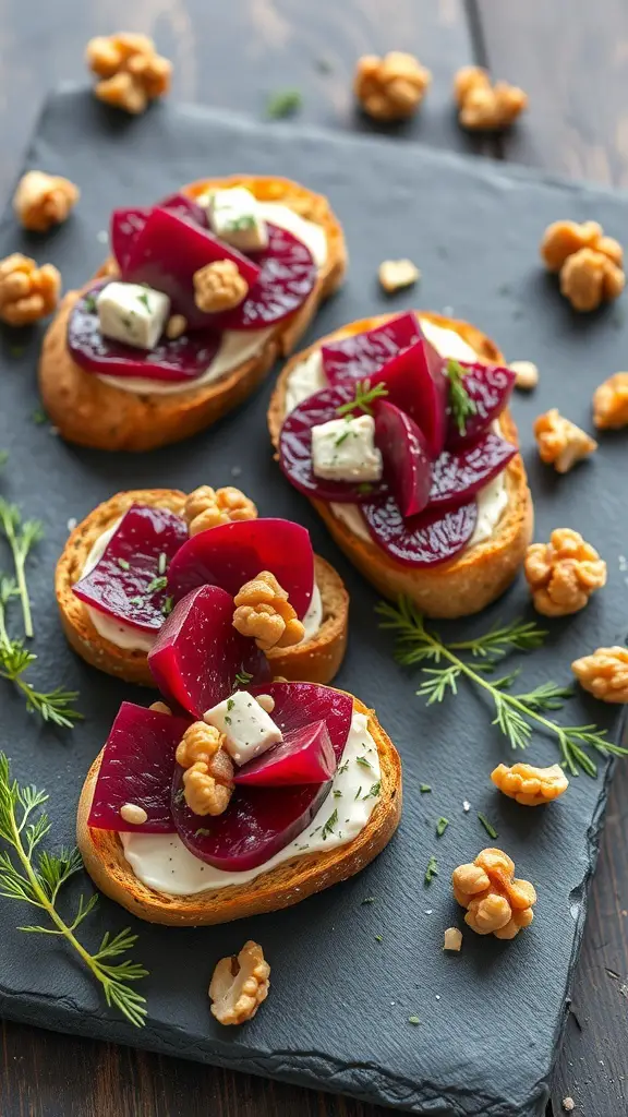 Beetroot and goat cheese bruschetta on a slate board