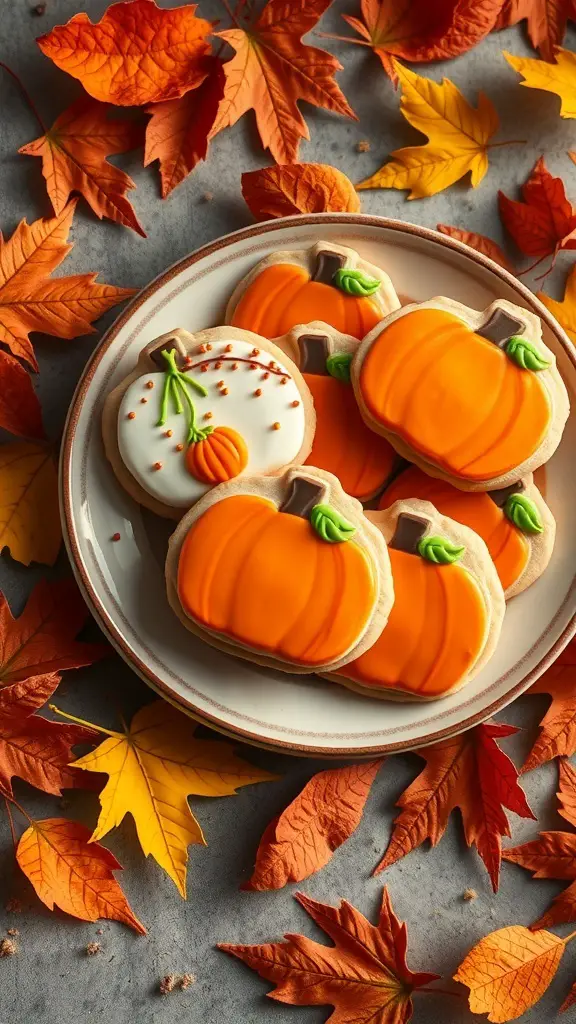 Decorated pumpkin spice sugar cookies on a plate surrounded by autumn leaves.