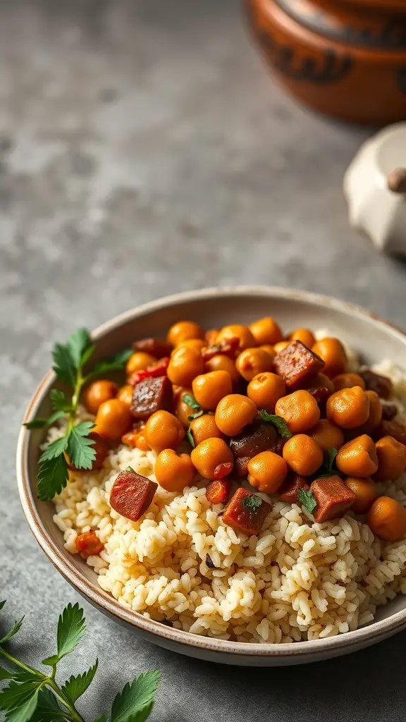 A bowl of Moroccan Chickpea Stew served over couscous, garnished with fresh herbs.