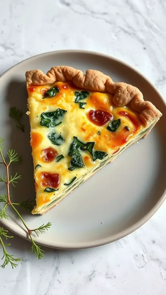 A slice of Quiche Lorraine on a plate, showcasing its flaky crust and colorful filling.